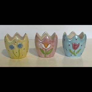 Easter Three Mini Pastel Flower Pots Cracked Egg Polka Dot With Flower 2-3/4” T